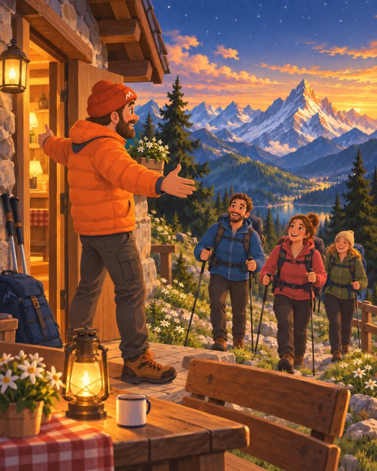 Bergführer begrüßt zurückkehrende Gäste an der Hütte am Abend
